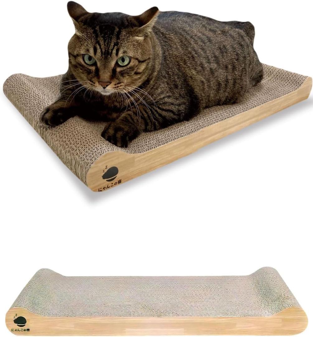 NyankonoYado No Mess & 1-Year Durable Cat Scratcher, Cardboard Scratch pad Bed Vet-Approved, Extra-Wide Reversible Cardboard, High Durability & Low Debris, for Large or Overweight Cats, Indoor