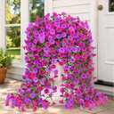 Artificial Hanging Flowers for Outdoors, Fake Hanging Flowers for Decoration, UV Resistant Artificial Outdoor Plants, 4 Pcs Morning Glory for Outdoors Garden Patio Porch Yard Decor, Purple & Fuchsia