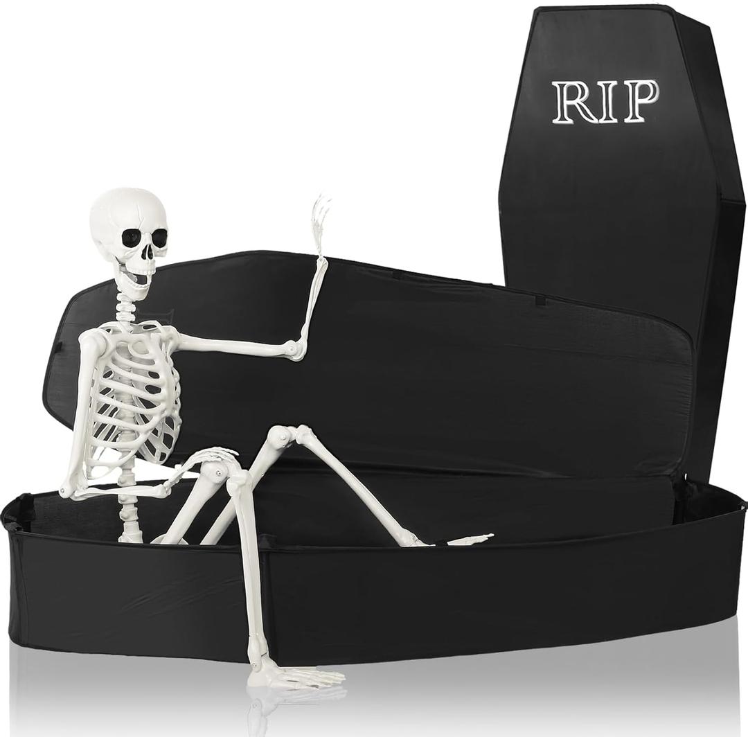 Halloween Coffin with Skeleton Set Pop up Coffin Life Size Collapsible Scary Prop Really Size Human Bones 65" Skeleton for Graveyard Halloween Cemetery Outdoor Decoration(Black,Lifelike)