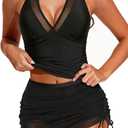 Tankini Bathing Suit for Women - Two Piece Swimsuit with Skirt Tummy Control Swimwear Halter Mesh Swim Dress 2025 (XX-Large, Black)