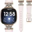 Luxe Leather Bands Compatible With Fitbit Versa 4/Versa 3/Sense 2/Sense Bands For Women D-shaped Bling Metal Buckle Replacement Straps. (Champagne Gold/Apricot)