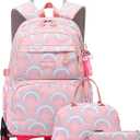 3PCS Girls Rolling Backpack Elementary Student Schoolbag Travel Trolley Bag Wheeled Bookbag with Lunch Box (6 Wheels, 3pcs-pink-6 Wheels)