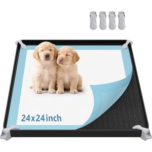LOOBANI Dog Pee Pad Holder - Non-Slip Silicone Dog Potty Tray with 4 Clamps, High Edge Puppy Pad Holder Tray, 24" x 24" Square Puppy Potty Training Pads, Black