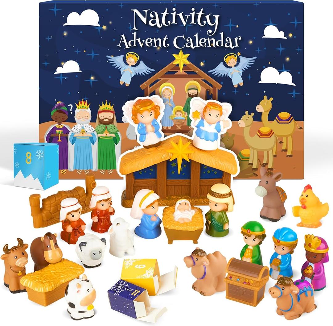 Nativity Advent Calendar 2025 Kids, Christmas Story Nativity Playset Christian Advent Calendar for Toddlers, Kids, Boys, Girls, 25pcs Nativity Scene Set Toys for Children Ages 1 2 3 4 5 6+