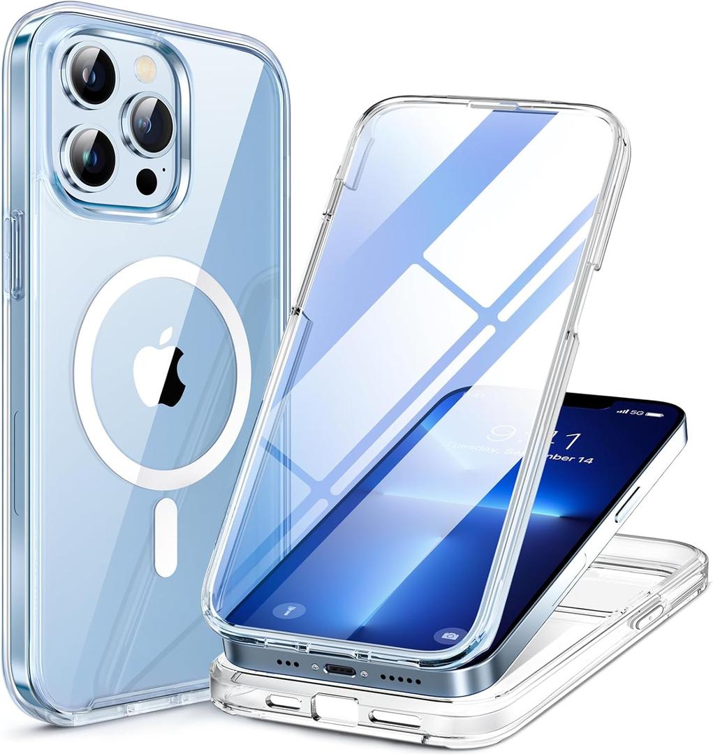 Miracase Magnetic for iPhone 13 Pro Max Case 6.7'' [Compatible with Magsafe] Full-Body Military Drop Proof 13 Pro Max Phone Case Cover with Built-in 9H Tempered Glass Screen Protector, Magnetic Clear