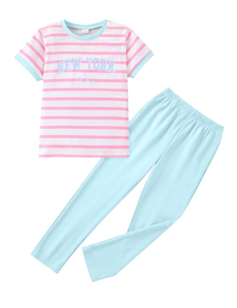 HSOXLQF Tween Girls Clothes 2 Piece Outfit Striped Color Blocking Short Sleeve Top and Leggings Pants Summer Sets
