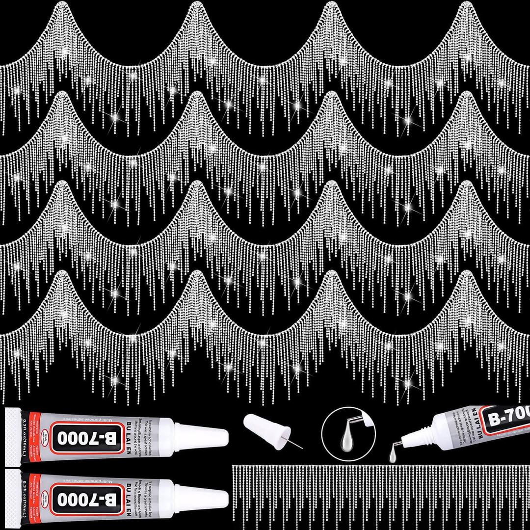 Tetutor 2 Yard Rhinestone Fringe with B7000 Glue Multipurpose Adhesive, Sparkle Rhinestone Trim Fringe Belt Rhinestones Fringe Trim, Sliver Diamond Fringes RhinestonesTassel Chain for Jeans