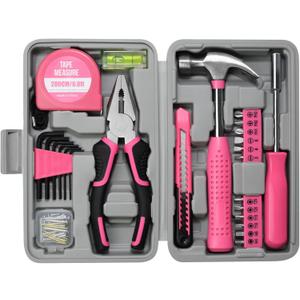 ZUZUAN Tool Set 25pc Pink Household DIY Tool Kit for Women,Small Mini Tool Box for Easy of Carrying, Starter Basic Ladies Tools Perfect for DIY, Home Maintenance