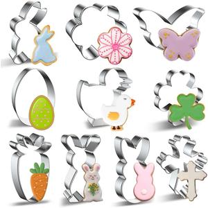 Easter Cookie Cutter Set - 10 pieces - Easter Bunny, Egg, Chick, Carrot, Rabbit, Bunny Face, Holy Cross, Leaf, Flower, Butterfly Shapes - Stainless Steel Biscuit Molds for Spring Holiday Baking