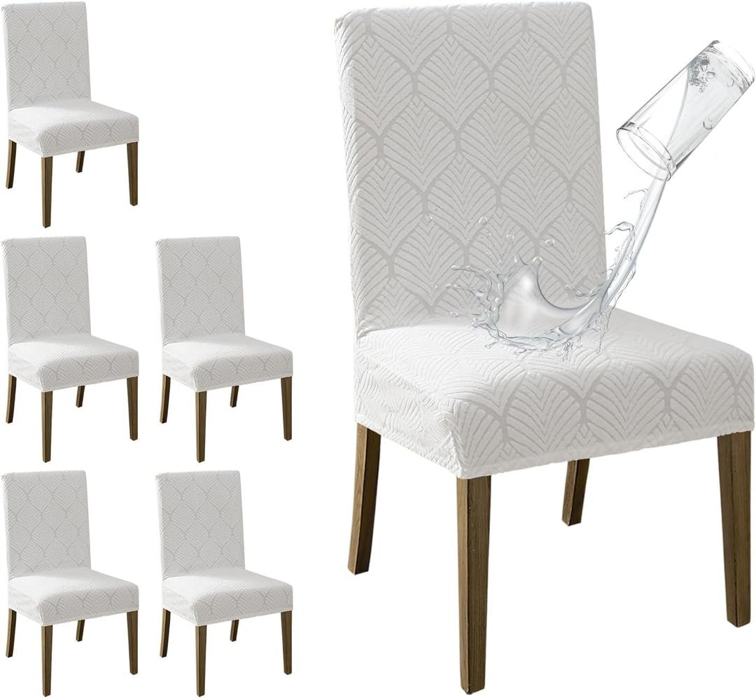MOSAYT 100% Waterproof Dining Room Chair Covers Set of 6, Super Fit Stretch Jacquard Parson Chairs Slipcovers Removable Washable Chair Seat Protectors for Home, Kitchen, Banquet (White)
