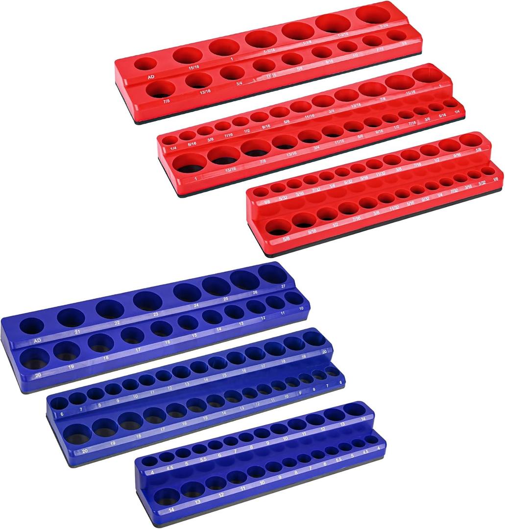 Magnetic Socket Organizer Holder 6-Piece (1/4 In, 3/8 In, 1/2 In Drive Metric SAE) Magnet Socket Rail Trays Storage Set Holds 143 Sockets for Tool Box Drawer