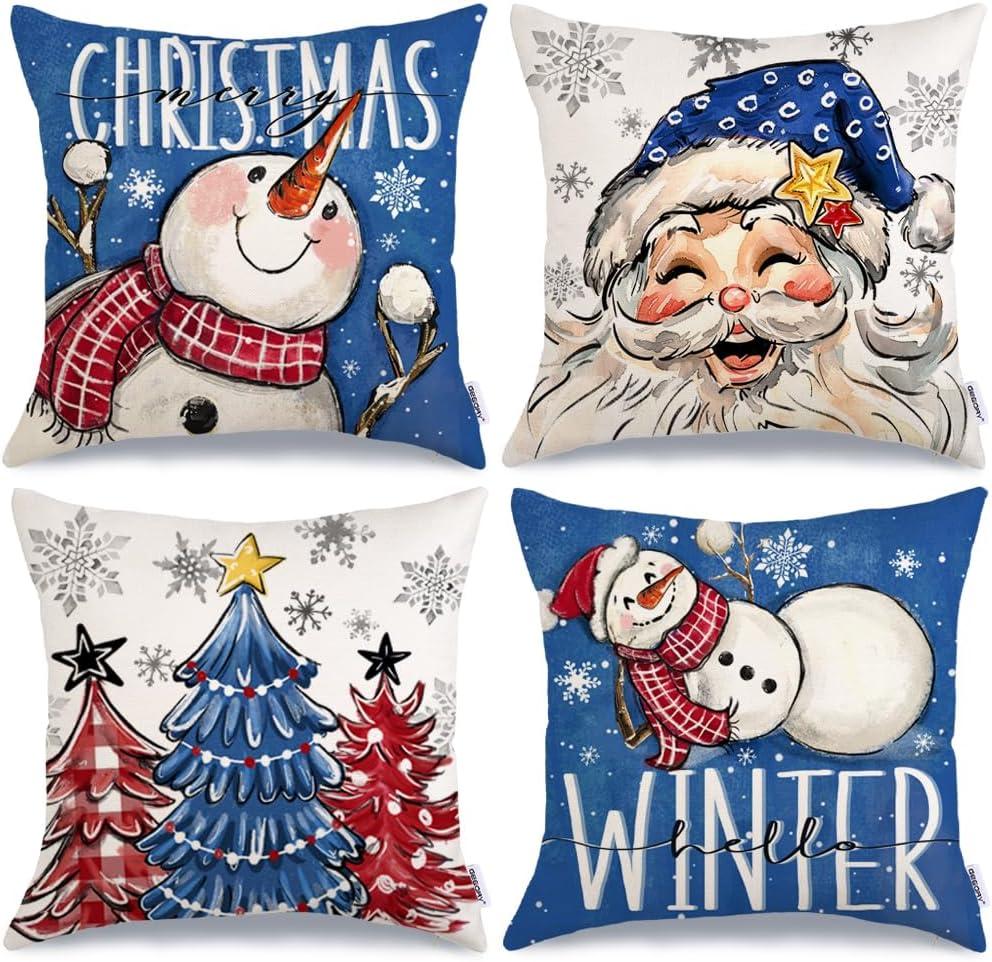 GEEORY Merry Christmas Throw Pillow Covers 16x16 Inch Set of 2, Santa Snowmen Xmas Trees Hello Winter Snowflake Holiday Farmhouse Decorative Cushion Cases for Home Decoration (Blue) 