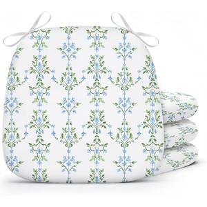 4 Pack Grandmillenial Chair Cushions for Dining Chairs 17" x 16" x 2" D-Shaped Breathable Blue and White Floral Linen Kitchen Chair Pads with Ties Washable Non Slip Seat Cushion