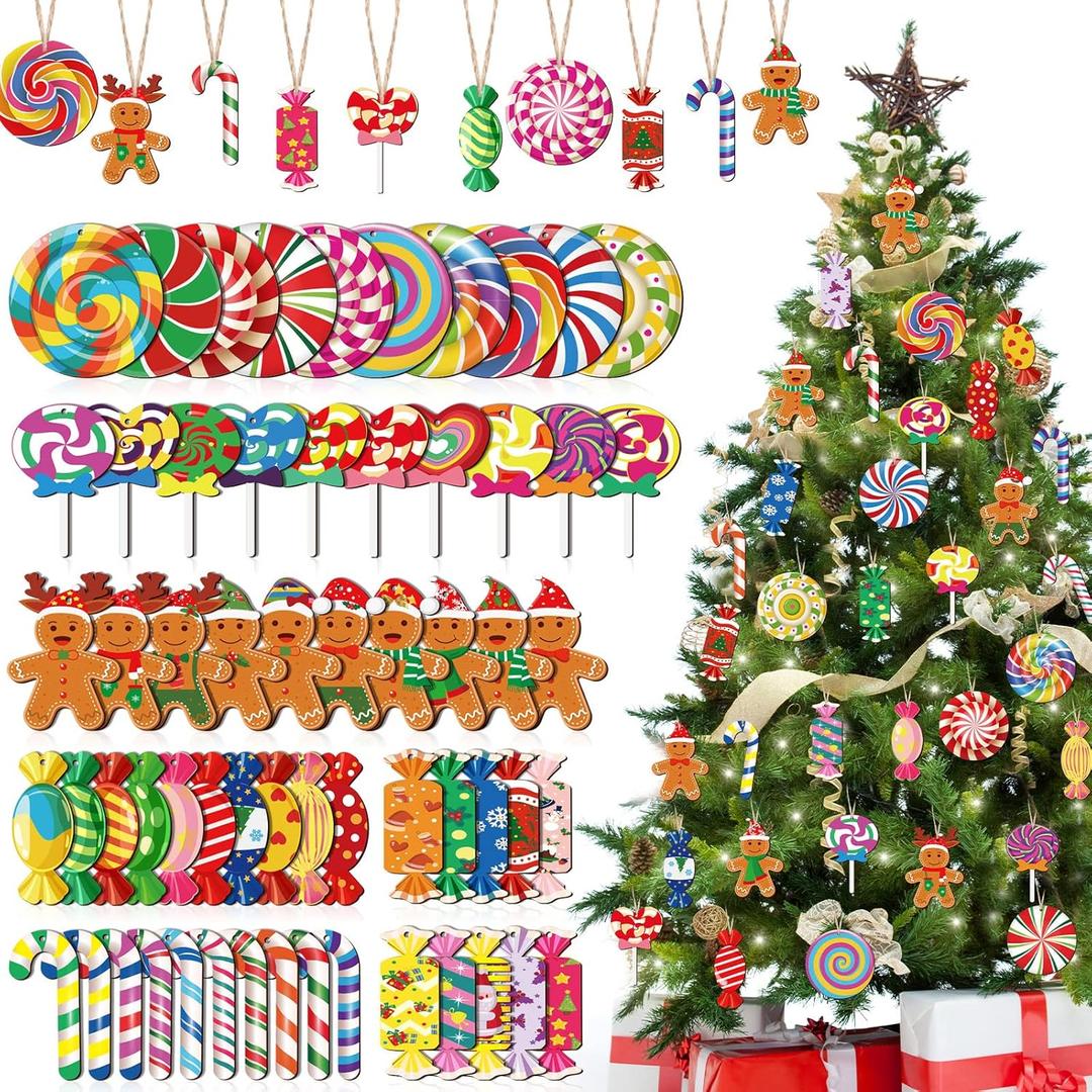 Namalu 60 Pieces Christmas Peppermint Candy Hanging Ornaments Wood Christmas Tree Lollipop Gingerbread Candy Ornaments Set Colorful Cane Decorations with Rope for Xmas(Classic)