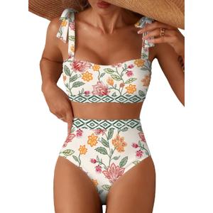 Herseas Women's Tie Shoulder Bikini Sets 2 Piece Striped Swimsuits High Waisted Bathing Suits (Large, Multicolor Floral Geometric)