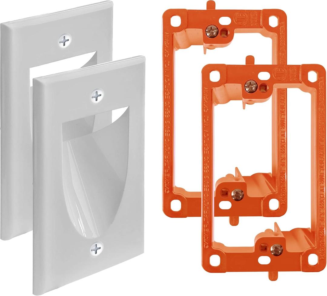 2 Pack Wall Plate Cable Pass Through with Bracket - In Wall Cable Management Kit - Recessed Cable Wall Plate Pair with Single Gang Low Voltage Mounting Bracket - Decorator Cover for Low Voltage Cables (White)