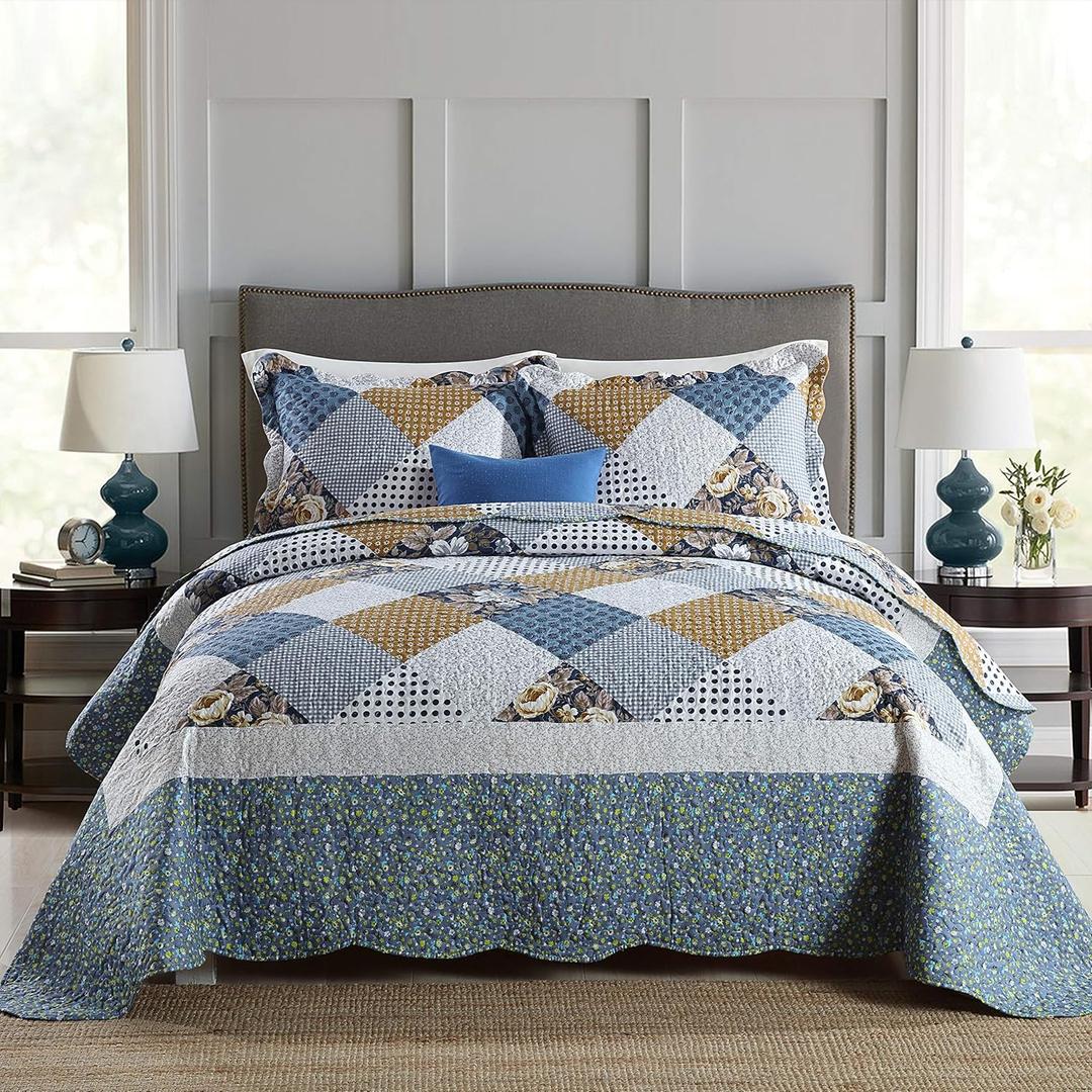 Travan 3-Piece Queen Quilt Sets with Shams Oversized Bedding Bedspread Reversible Soft Coverlet Set, Queen Size (B-misty Blue)