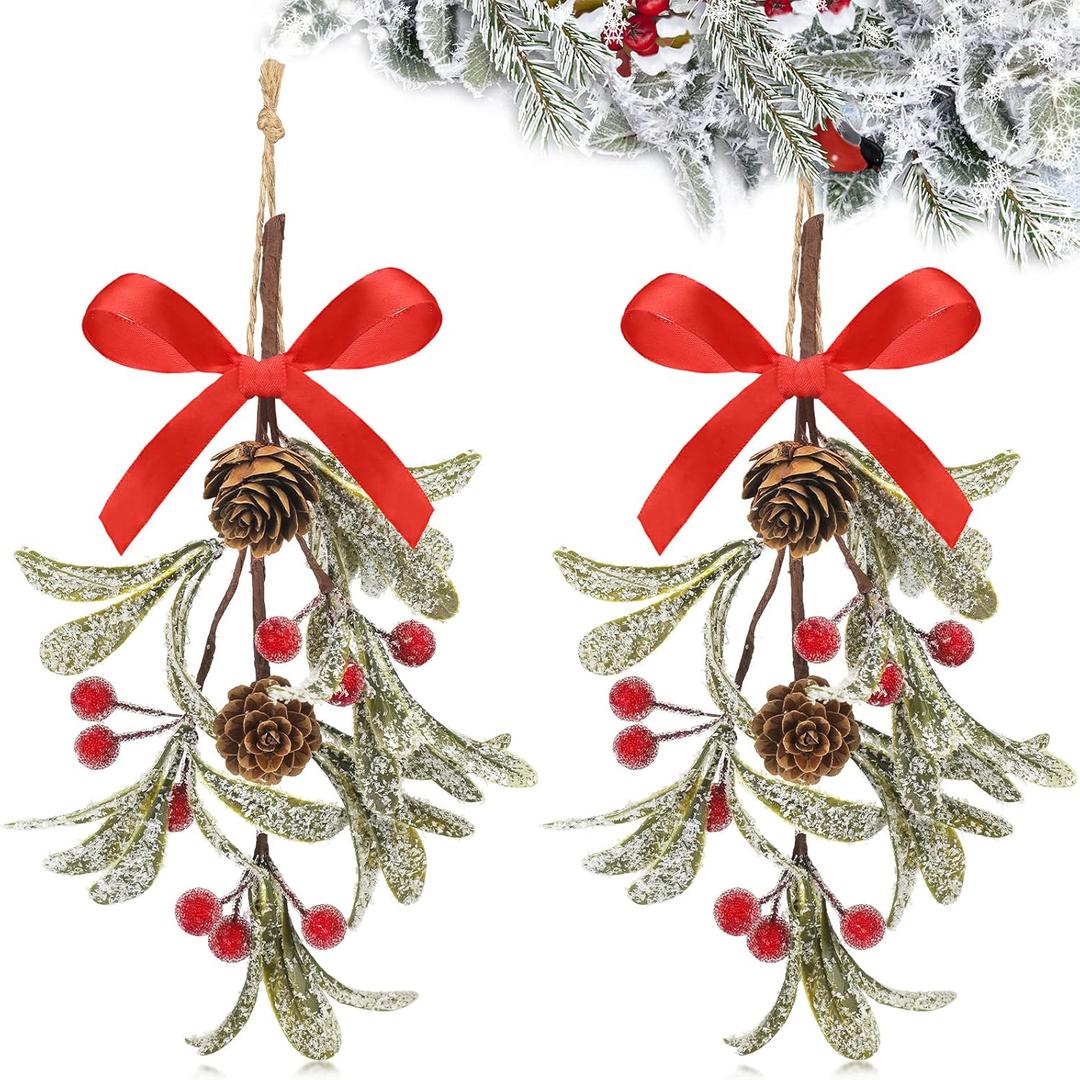 Giegxin 2 Pieces Christmas Artificial Mistletoe Ornament with Red Bow Christmas Hanging Mistletoe Decoration Bouquet Floral Natural Pine Cones Holiday Decoration Ornament Bouquet (Bright Style)
