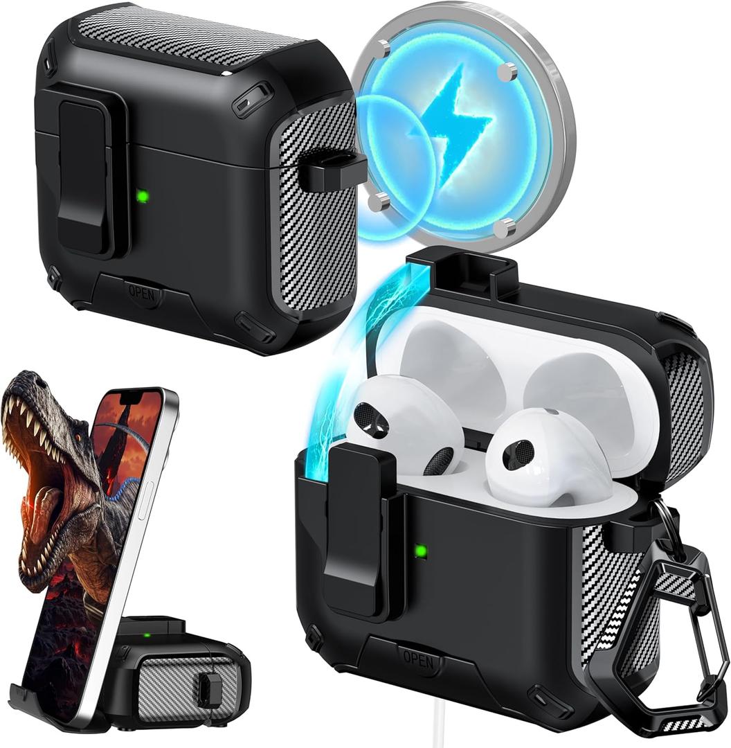 RFUNGUANGO for AirPods Case (2021, 3rd Generation), Compatible with AirPods 3rd Generation, Compatible with MagSafe, Drop Protection Case with Stand Feature, with Cleaning Tool -A-Black