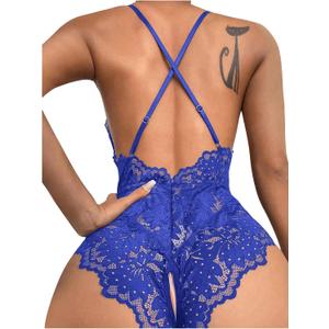 SOLY HUX Women's One Piece Lingerie Sexy Lace Babydoll Deep V Teddy Criss Cross Backless Teddy Mini Bodysuit (Blue, L)