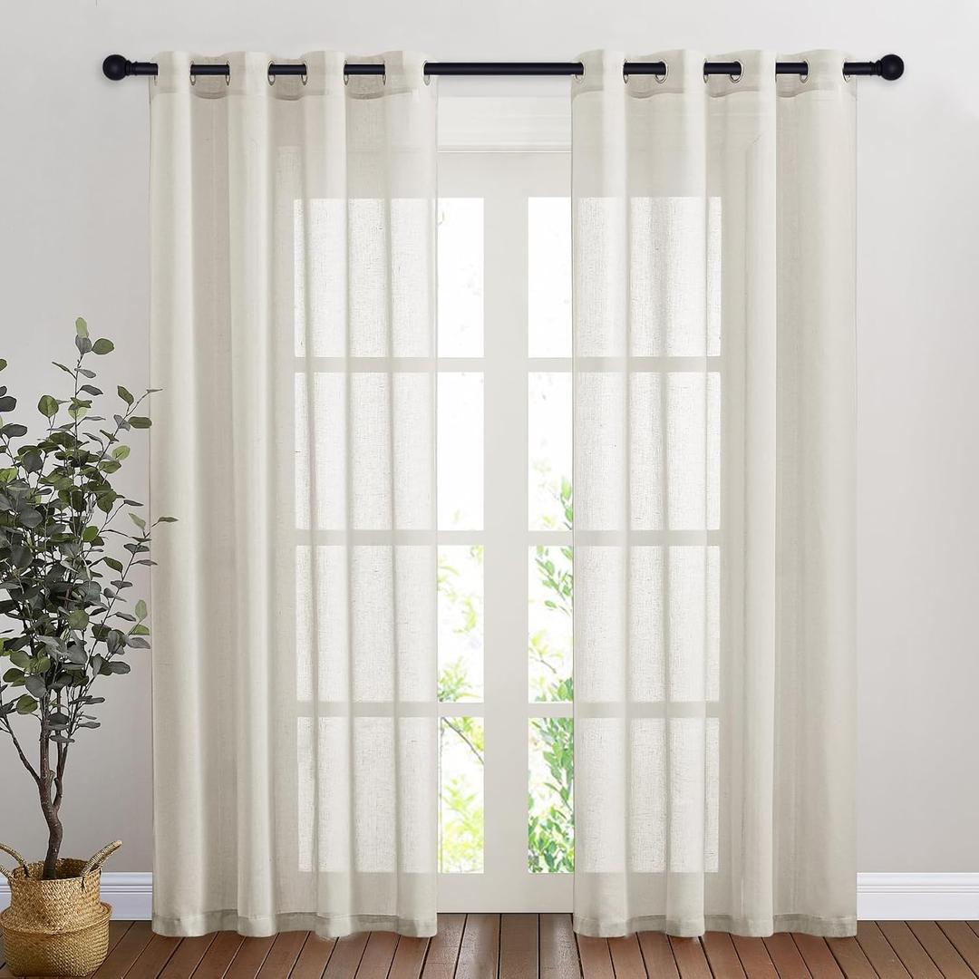 NICETOWN Natural Linen Curtains for Doorway 80 inch Length, Grommet Privacy Semi Sheer Linen Burlap Window Treatments with Light Filtering for Home Office/Living Room, W52 x L80, 2 Panels