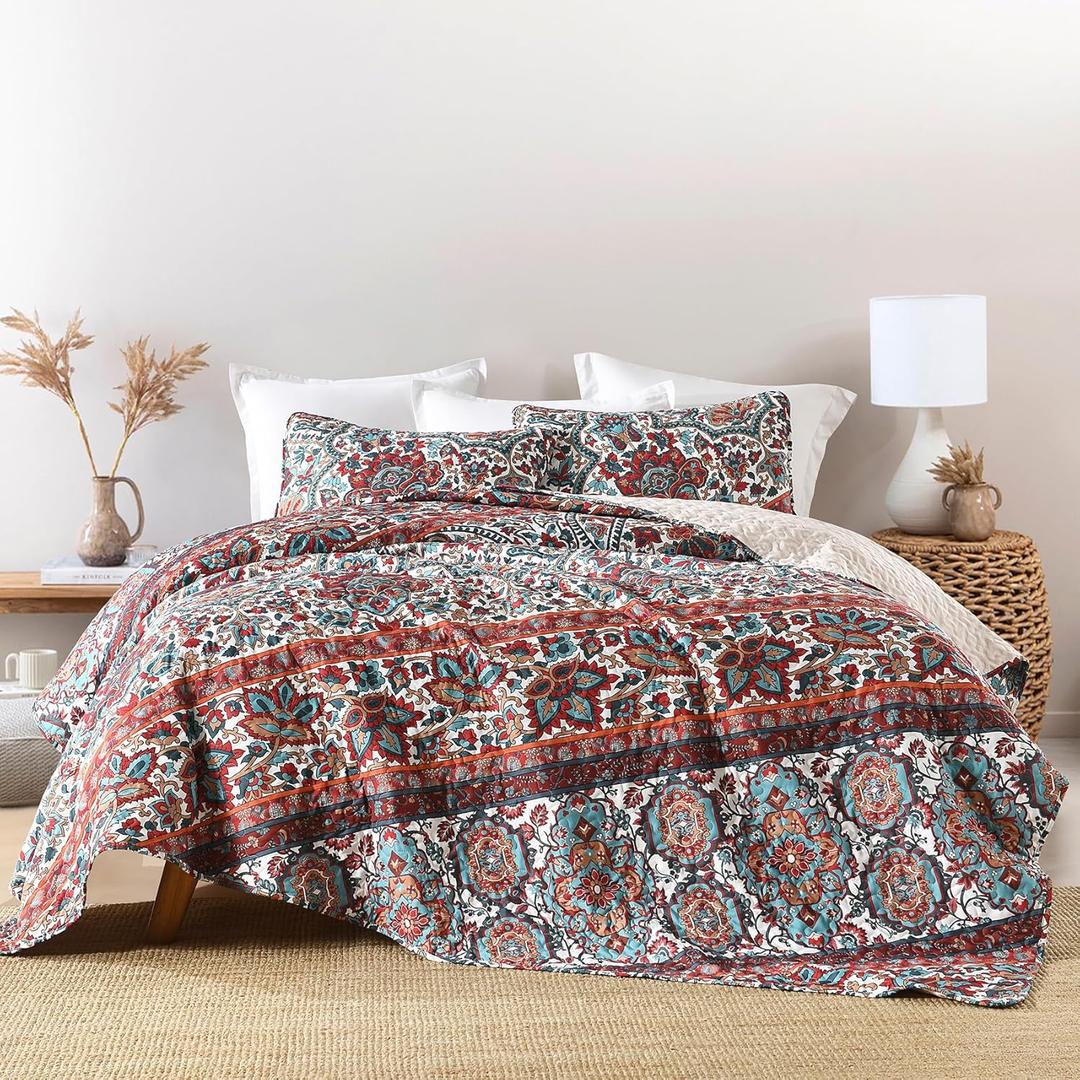 HORIMOTE HOME Boho Quilt Queen Size, Reversible Bohemian Style Twill Strip Floral Quilt Beddding Set, Colorful and Soft Bedspread Full Size Quilt Coverlet for All Season, 2 Pillow Shams (3 Pieces)
