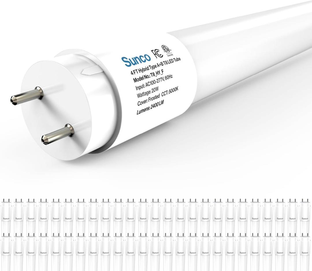 Sunco 50 Pack T8 LED Bulbs 4 Foot, 48 Inch Tube Light Bulbs Replacement, Single or Double Ended Hybrid Type A+B, 2400 LM, 20W, 5000K Daylight, Frosted Lens ETL.