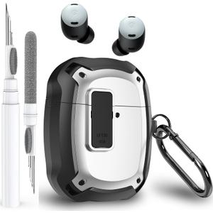 for Google Pixel Buds Pro 2/ Pro Case Cover with Lock Clip & Cleaner Pen 2024/2022, Shockproof Protective Hard Cover Skin with Carabiner Men Women - Black/White