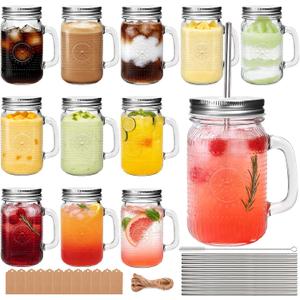 Mason Jar Cups with Handle 16 oz, Vintage Glass Cups with Lids and Straws, Reusable Pint Drinking Jars for Iced Coffee, Smoothies, Juice, Food Storage,12 Pack