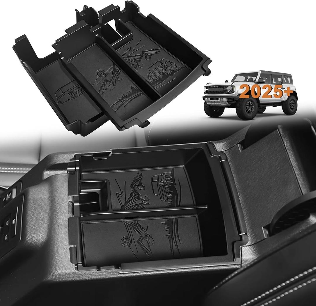TripleAliners Center Console Organizer Compatible with 2025 Ford Bronco(Not for 2-Door & Bronco Sport) Accessories Center Console Storage Box Armrest Insert Tray | Two Layers with Leather Trim (Black)