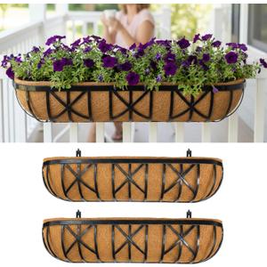 LaLaGreen 36 Inch, 2 Pack Railing Planters with Coir Liner Large Black Metal Window Boxes with Adjustable Brackets for Wall Mounting, Herb Pots, Balcony & Fence Planter for Patio, Porch, Garden