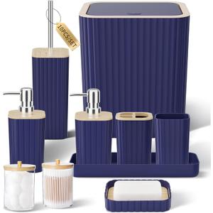 Bathroom Accessories Set - Elegant Blue Bathroom Set, 10PC Bathroom Accessory Set, Toilet Brush, Trash Can, Qtip Holder Dispenser & Soap Dispenser