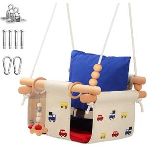 Talecogear Baby Swing  Outdoor & Indoor, Cozy Toddler Swing for Backyard, Hanging Swing Seat Chair, Cotton Canvas & Beech Wood Frame, Safety Harness, Mounting Hardware Included (Red)