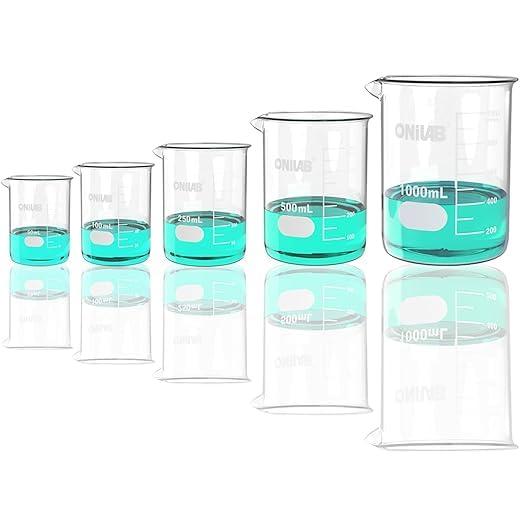 ONiLAB Glass Measuring Beaker Set 50ml 100ml 250ml 500ml 1000ml(Pack of 5) 3.3 Boro Griffin Low Form with Printed Graduation Scientific Glassware for Laboratories, Classrooms or Home Use