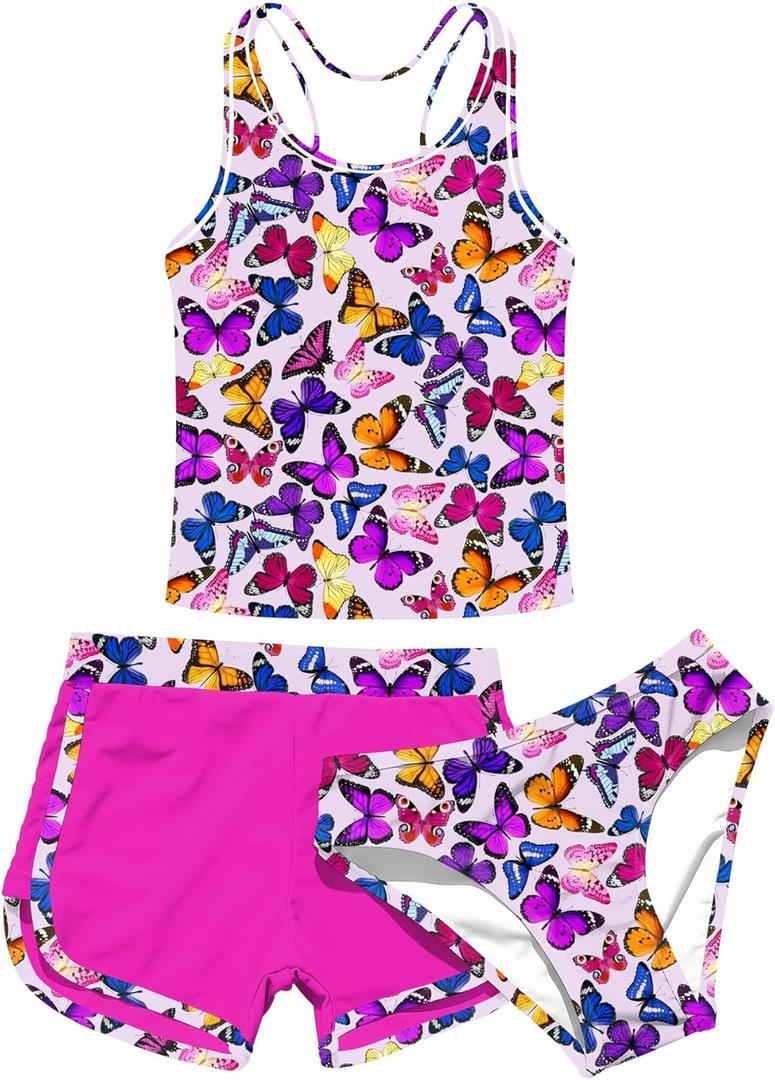 uideazone Girls 3 Piece Bathing Suit Summer UPF 50+ Racerback Swimsuit with Shorts Beach Tankini Sets 8-16 Years (9-10 Years, A1-Butterfly)