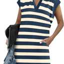 Wenrine Womens Striped Summer Mini Dress Casual Cap Sleeve Polo V Neck T Shirt Dresses with Pockets (Small)