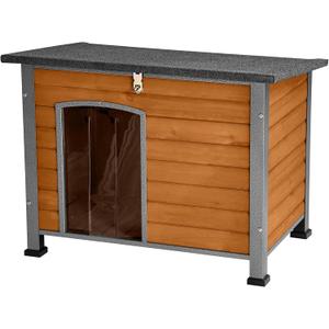 Suumerpety Indoor Outdoor Dog House, Anti-Chewing Iron Frame Dog Kennel, Wood Warm Pets Home, Weatherproof Outside Shelter for Feral Animal 33.5" (L) X 22" (W) X 25.2" (H) Brown
