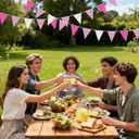 G2PLUS Pink and White Gingham Fabric Bunting Banner, 32Ft Cotton Burlap Triangle Garland for Mother’s Day, Wedding, Birthday, Carnival, Picnic, BBQ & Outdoor Events