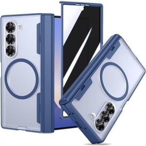 VEGO Case for Galaxy Z Fold 6, Compatible with MagSafe, with [Hinge Protection][Tempered Glass Privacy Screen Protector], Magnetic Anti-Spy Shockproof Clear Cover for Samsung Galaxy Z Fold 6 - Blue