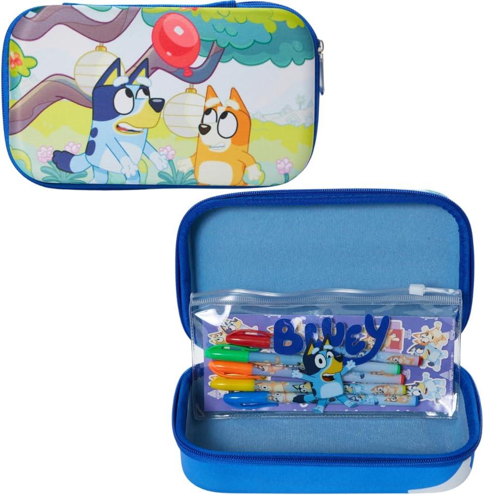 Innovative Designs Bluey Pencil Case Set with Stickers and Gel Pens for Kids, Molded with Zip Closure