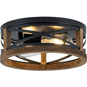 Farmhouse Ceiling Light, 2-Light Round Flush Mount Ceiling Light with Wood and Metal Frame, Black Rustic Light Fixture for Hallway, Entryway, Bedroom, Kitchen