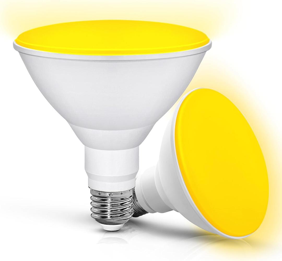  Yellow Bug Light Bulbs Outdoor, 150W Equivalent Amber Yellow Flood Light Bulbs Outside, 15W 1300LM Bug Lights E26 Base for Porch, Patio, Decoration, Garden, Non-Dimmable, 2 Pack