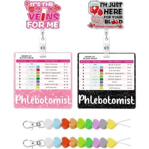 8 Pcs Phlebotomy Badge Reel Set Order of Draw Badge Card Beads,Phlebotomy Essentials Phlebotomist Badge Reel Accessories, Phlebotomy Practice Kit Lab Rn Badge Buddy Reel Nurse Supplies (Pink, Black)