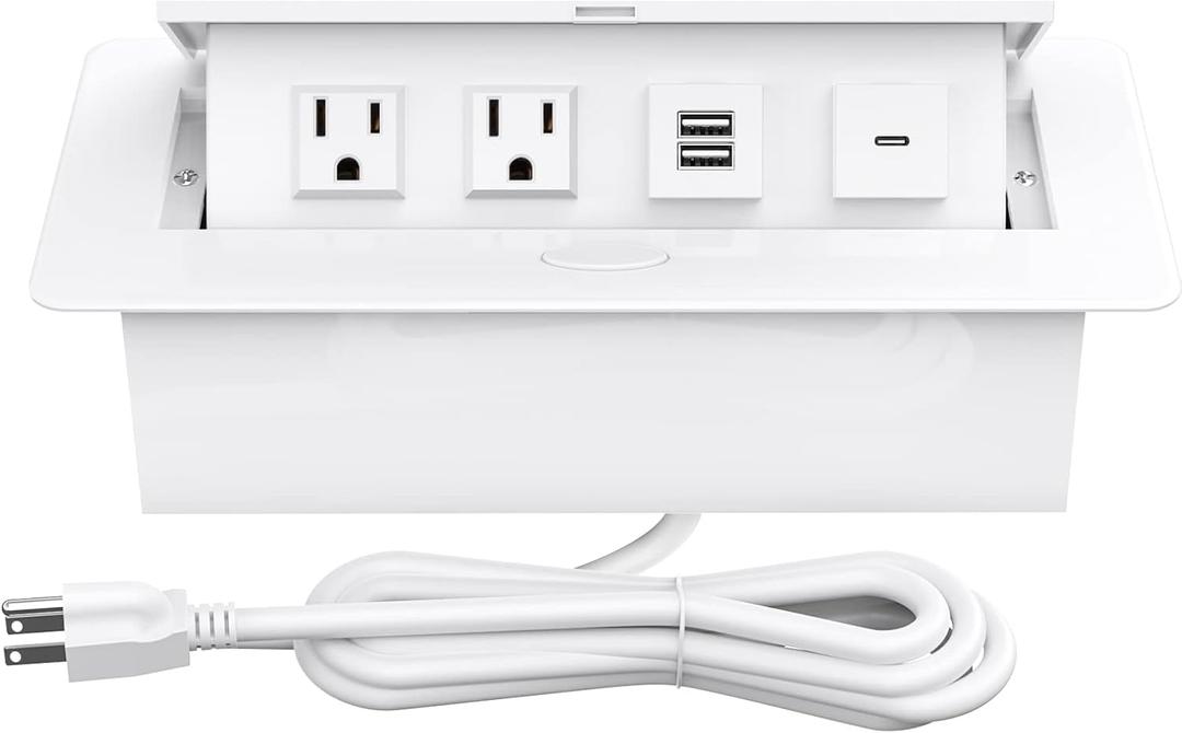 Pop Up Outlets with PD 30W USB Ports, Recessed Hidden Countertop Outlet Connectivity Box, Conference Table Power Hub Power Strip Pop Up Socket with 2 AC Outlet, USB A & USB C Ports, UL Listed (White)