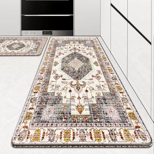 HappyTrends Boho Kitchen Mat,Anti-Fatigue Kitchen Mats for Floor Cushioned Rug for Kitchen Decor Accessories, Non-Slip Mats and Rugs Set for Office,Laundry 17.3"30"+17.3"47",Light Brown