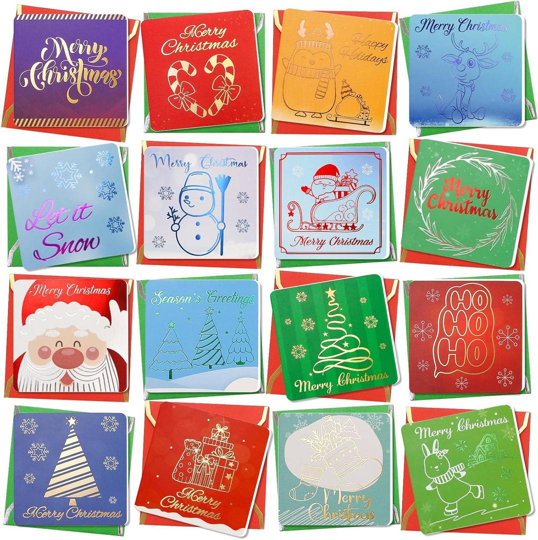 WorldBazaar Mini Christmas Cards with Envelopes Stickers 24 Pack Gold Foil Mini Christmas Greeting Cards Bulk Mini Note Cards School Business Supplies