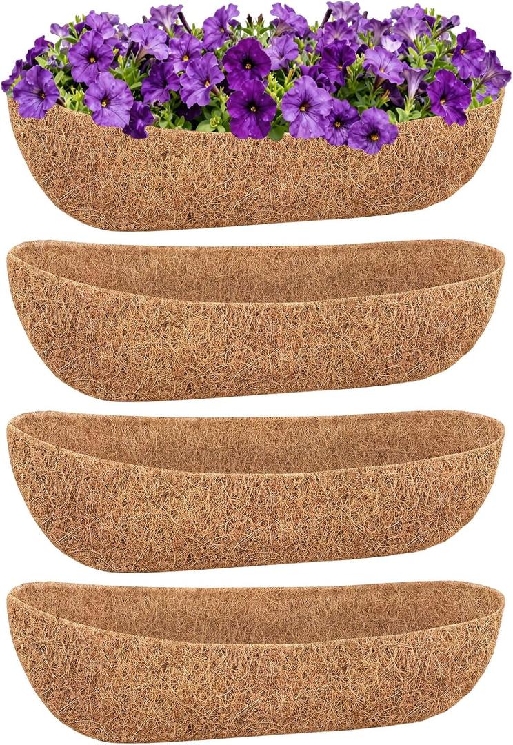 4 Pack 24 Inch Trough Coconut Liners for Planters- Natural Coco Liner Window Box Liners Replacement, Coconut Fiber Planter Liner for Outdoor Flower Planters, Deck Railings, Fence and Balcony