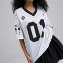 Women's Number Print Mesh Oversized Jersey Shirts Striped Trim Half Sleeve Baggy Camo Graphic Tees (S)