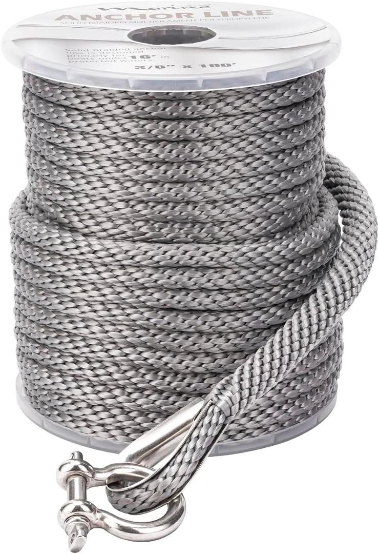 Made 3/8 Inch 100FT 150FT Premium Solid Braid MFP Grey Anchor Line Braided Anchor Rope/Line with Stainless Steel Thimble and Shackle (3/8" x 150' Grey)