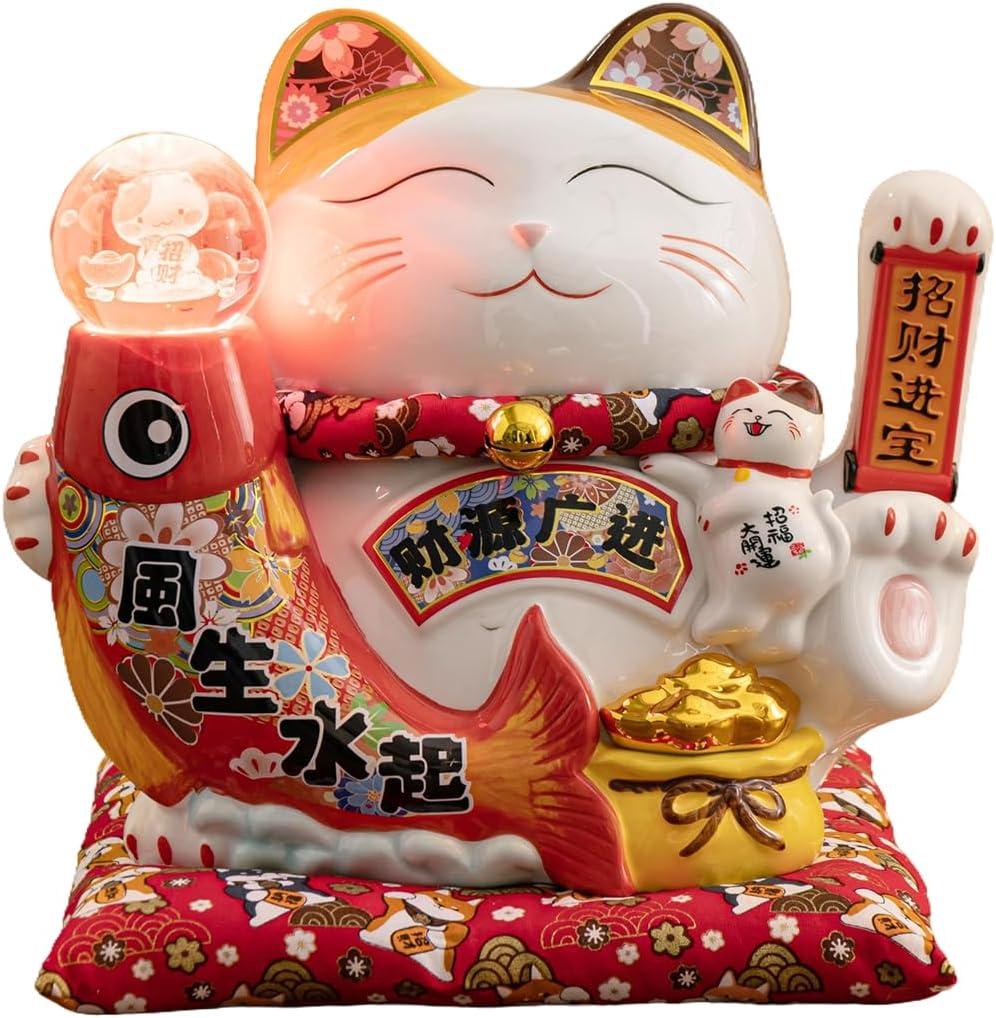 Lucky Statue Cat with Waving Arm-Chinese Ceramic, Japanese Fortune Cat,Large Moving Arm Good Luck Cat for Home, Office, Store Decor (YS1102)